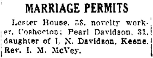 Marriage Permit of Lester House and Pearl Davidson